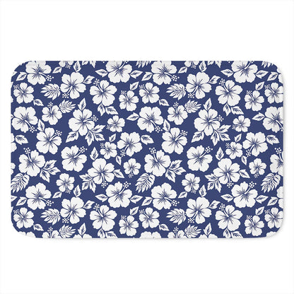 White Blue Hibiscus Floral Pattern Print Indoor Door Mat