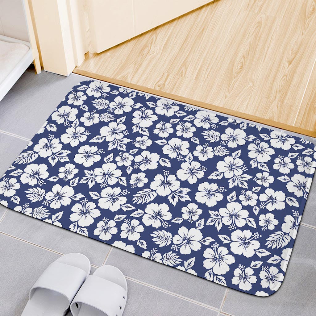 White Blue Hibiscus Floral Pattern Print Indoor Door Mat