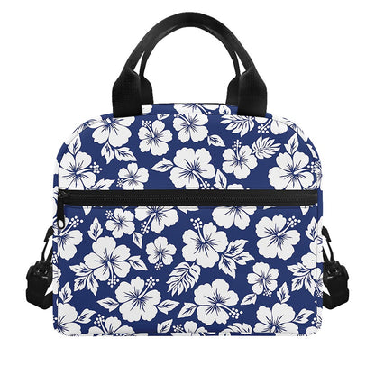 White Blue Hibiscus Floral Pattern Print Insulated Lunch Bag