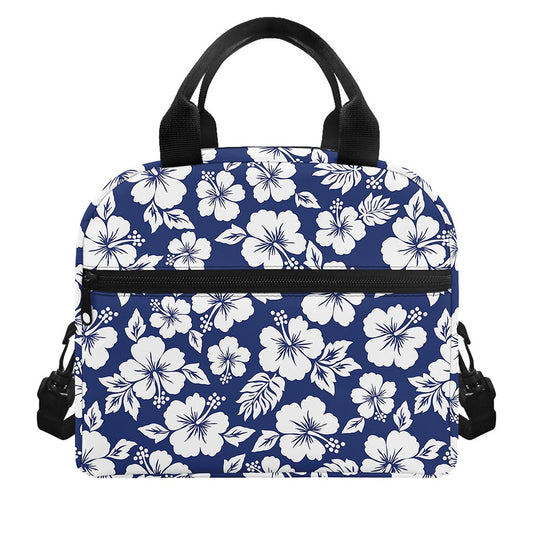 White Blue Hibiscus Floral Pattern Print Insulated Lunch Bag