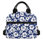 White Blue Hibiscus Floral Pattern Print Insulated Lunch Bag