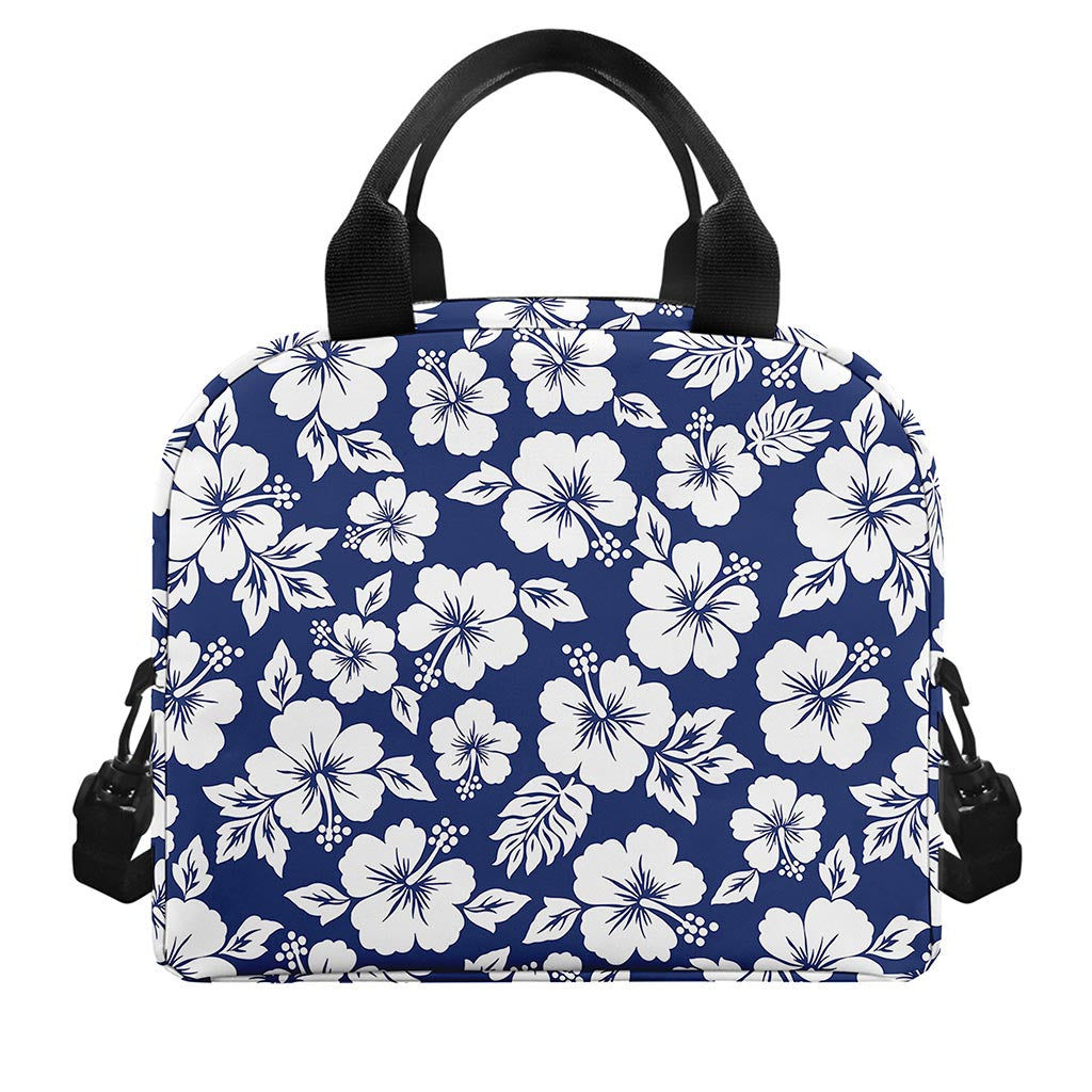 White Blue Hibiscus Floral Pattern Print Insulated Lunch Bag