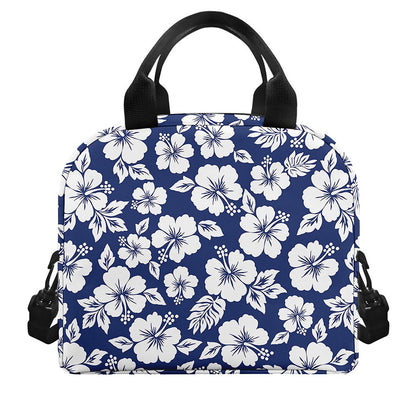 White Blue Hibiscus Floral Pattern Print Insulated Lunch Bag