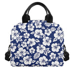 White Blue Hibiscus Floral Pattern Print Insulated Lunch Bag