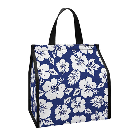 White Blue Hibiscus Floral Pattern Print Insulated Lunch Tote