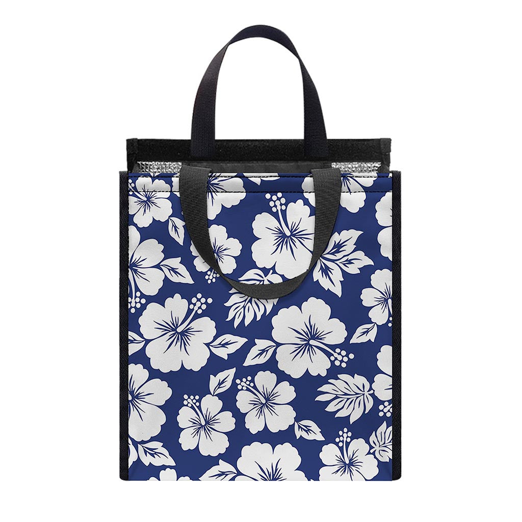 White Blue Hibiscus Floral Pattern Print Insulated Lunch Tote
