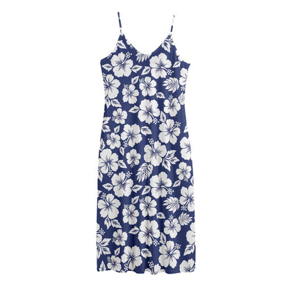 White Blue Hibiscus Floral Pattern Print Jersey Midi Cami Dress