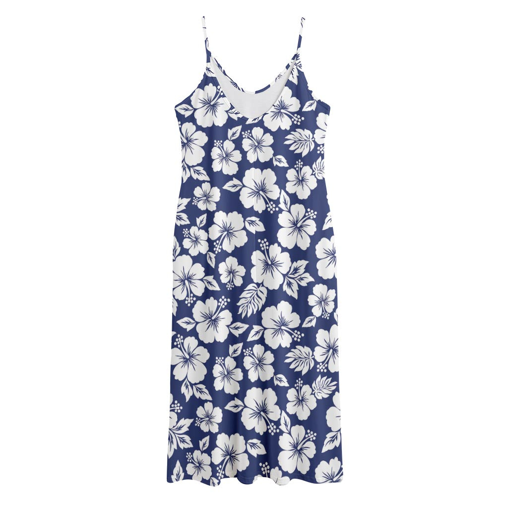 White Blue Hibiscus Floral Pattern Print Jersey Midi Cami Dress