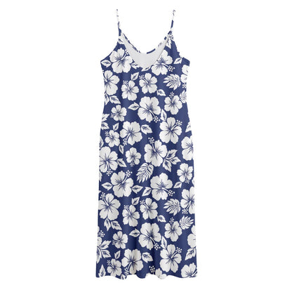 White Blue Hibiscus Floral Pattern Print Jersey Midi Cami Dress