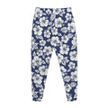 White Blue Hibiscus Floral Pattern Print Jogger Pants