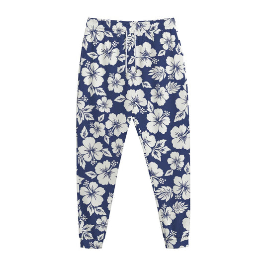 White Blue Hibiscus Floral Pattern Print Jogger Pants