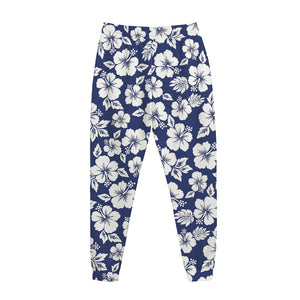White Blue Hibiscus Floral Pattern Print Jogger Pants