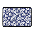 White Blue Hibiscus Floral Pattern Print Kitchen Mat