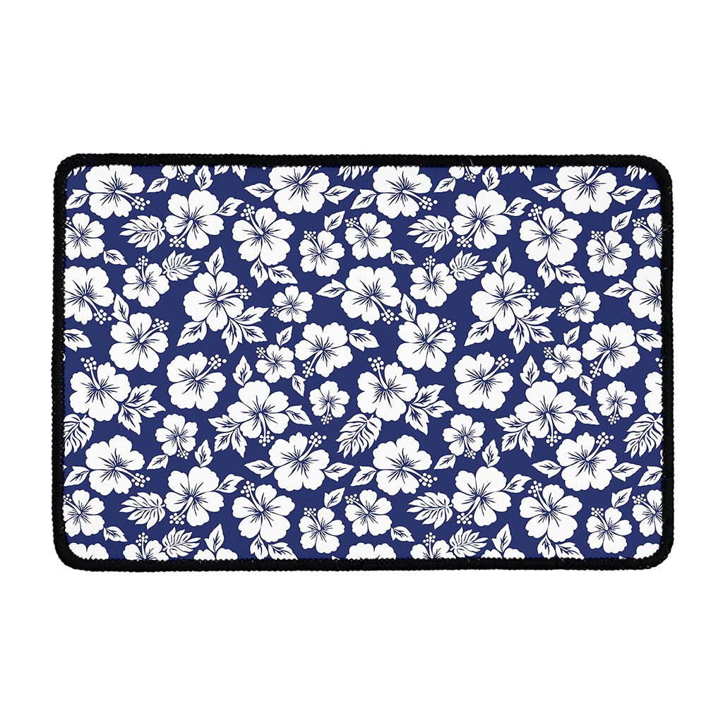 White Blue Hibiscus Floral Pattern Print Kitchen Mat