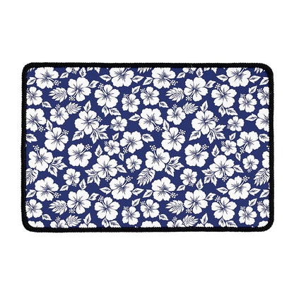 White Blue Hibiscus Floral Pattern Print Kitchen Mat