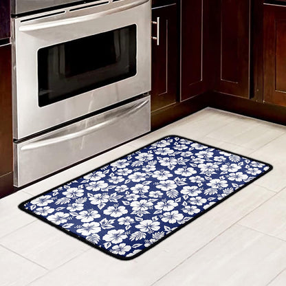White Blue Hibiscus Floral Pattern Print Kitchen Mat
