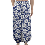 White Blue Hibiscus Floral Pattern Print Lantern Pants