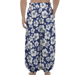White Blue Hibiscus Floral Pattern Print Lantern Pants