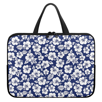 White Blue Hibiscus Floral Pattern Print Laptop Sleeve With Handle