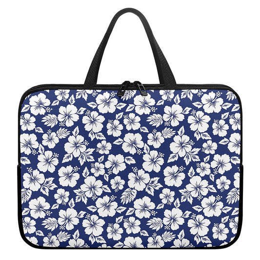 White Blue Hibiscus Floral Pattern Print Laptop Sleeve With Handle