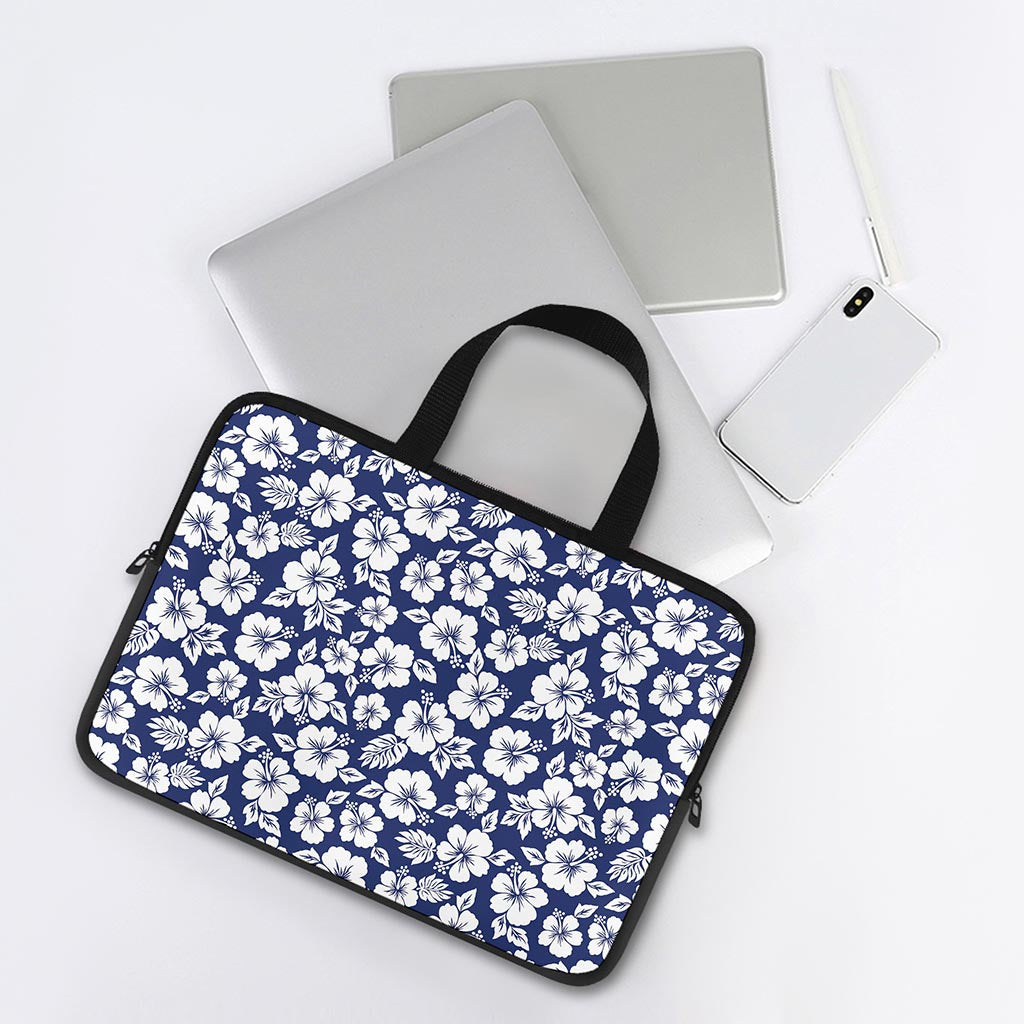 White Blue Hibiscus Floral Pattern Print Laptop Sleeve With Handle