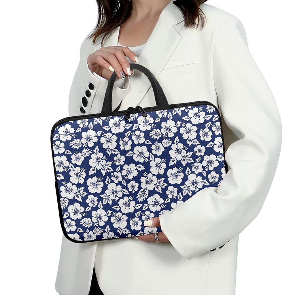 White Blue Hibiscus Floral Pattern Print Laptop Sleeve With Handle