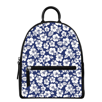 White Blue Hibiscus Floral Pattern Print Leather Backpack