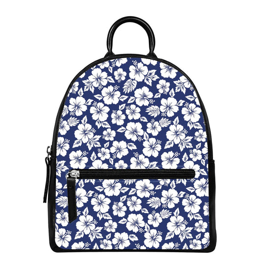 White Blue Hibiscus Floral Pattern Print Leather Backpack