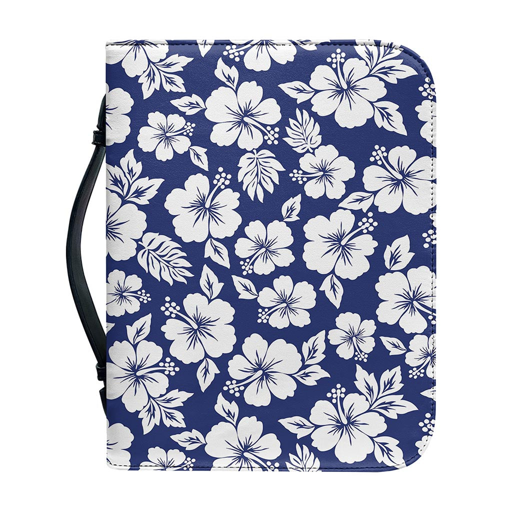White Blue Hibiscus Floral Pattern Print Leather Bible Cover