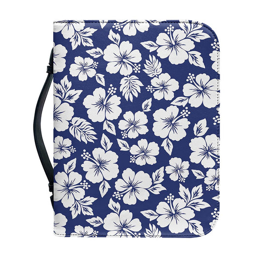 White Blue Hibiscus Floral Pattern Print Leather Bible Cover
