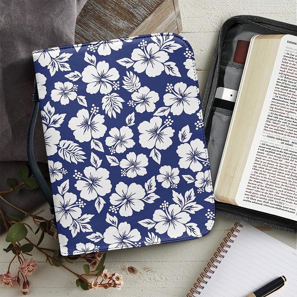 White Blue Hibiscus Floral Pattern Print Leather Bible Cover