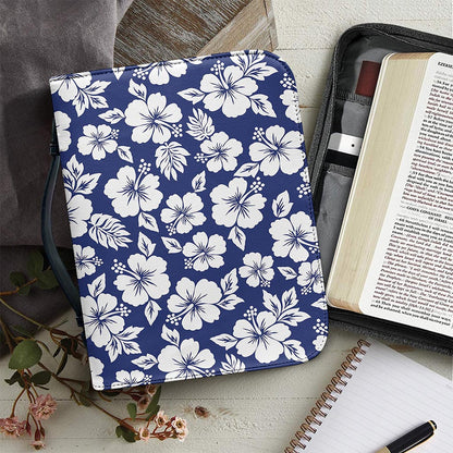 White Blue Hibiscus Floral Pattern Print Leather Bible Cover