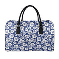 White Blue Hibiscus Floral Pattern Print Leather Duffel Bag