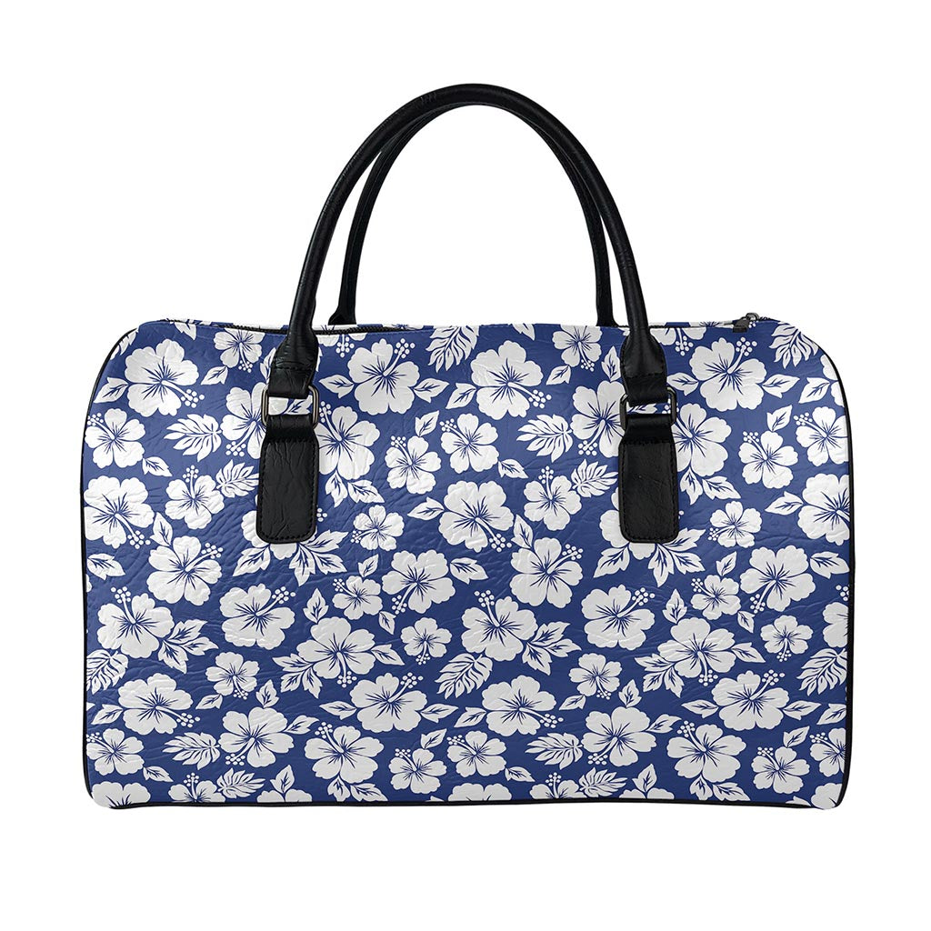 White Blue Hibiscus Floral Pattern Print Leather Duffle Bag
