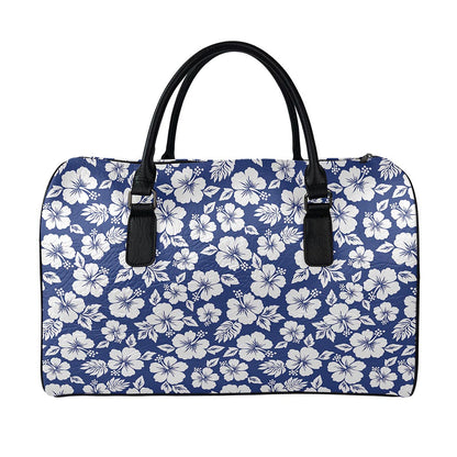 White Blue Hibiscus Floral Pattern Print Leather Duffle Bag