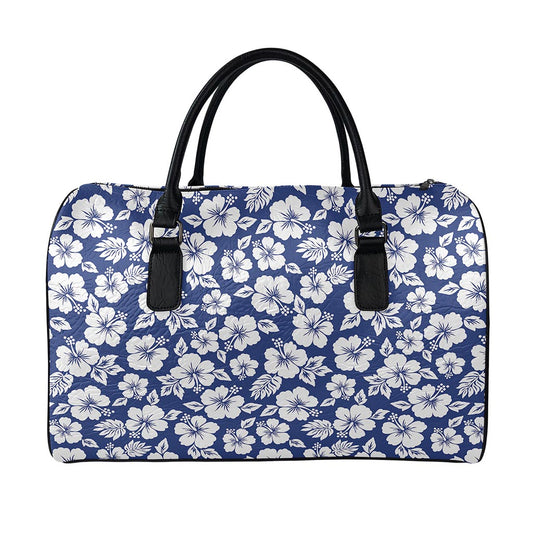 White Blue Hibiscus Floral Pattern Print Leather Duffle Bag