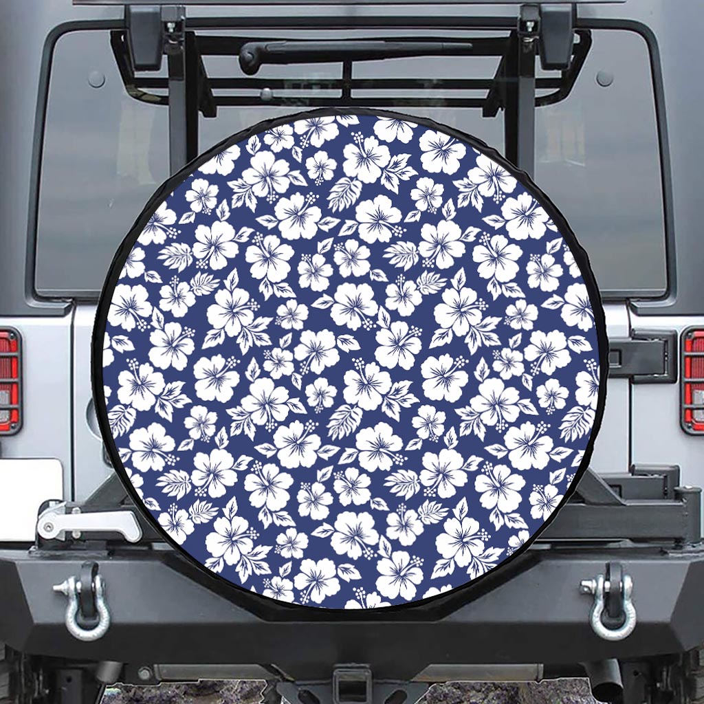 White Blue Hibiscus Floral Pattern Print Leather Spare Tire Cover