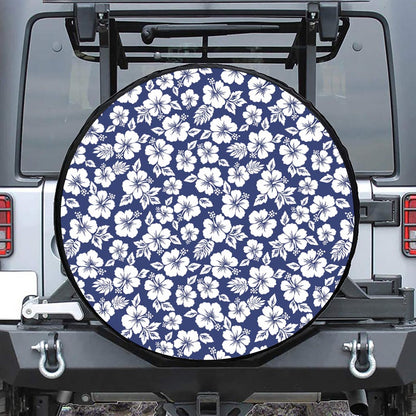 White Blue Hibiscus Floral Pattern Print Leather Spare Tire Cover