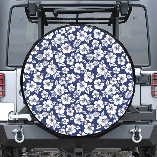 White Blue Hibiscus Floral Pattern Print Leather Spare Tire Cover