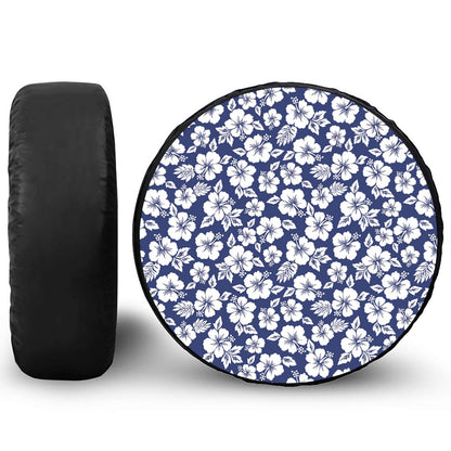 White Blue Hibiscus Floral Pattern Print Leather Spare Tire Cover