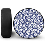 White Blue Hibiscus Floral Pattern Print Leather Spare Tire Cover