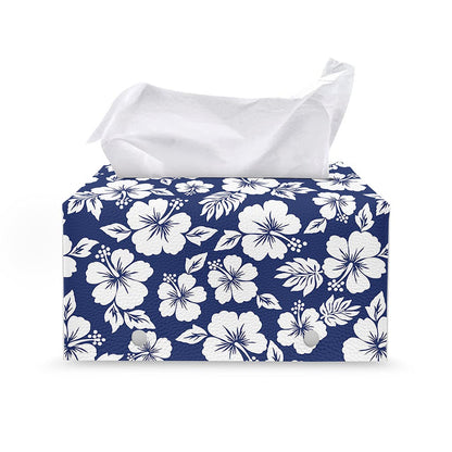 White Blue Hibiscus Floral Pattern Print Leather Tissue Box Cover