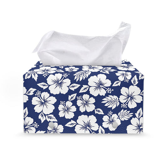 White Blue Hibiscus Floral Pattern Print Leather Tissue Box Cover
