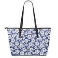 White Blue Hibiscus Floral Pattern Print Leather Tote Bag With Zipper