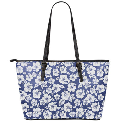 White Blue Hibiscus Floral Pattern Print Leather Tote Bag