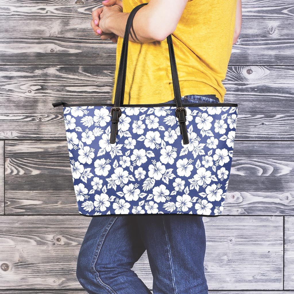 White Blue Hibiscus Floral Pattern Print Leather Tote Bag