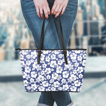 White Blue Hibiscus Floral Pattern Print Leather Tote Bag