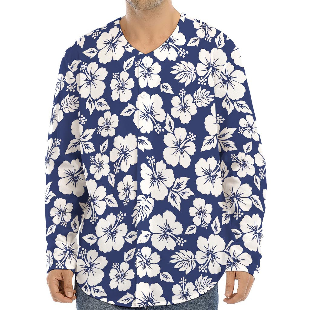 White Blue Hibiscus Floral Pattern Print Long Sleeve Baseball Jersey