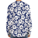 White Blue Hibiscus Floral Pattern Print Long Sleeve Baseball Jersey