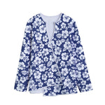 White Blue Hibiscus Floral Pattern Print Long Sleeve Short Coat